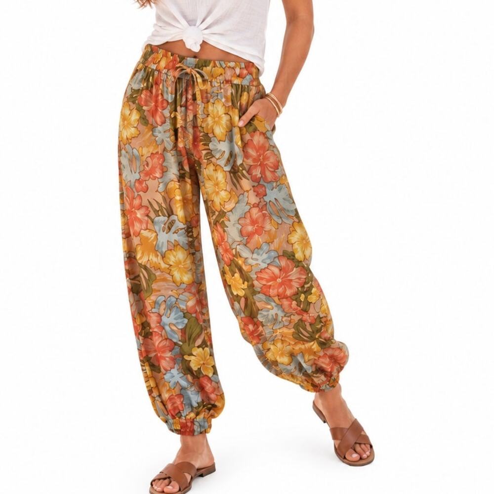 Raya Sun Floral Pants Womens XL Multicolor Beachy Coastal Pullon Harem
